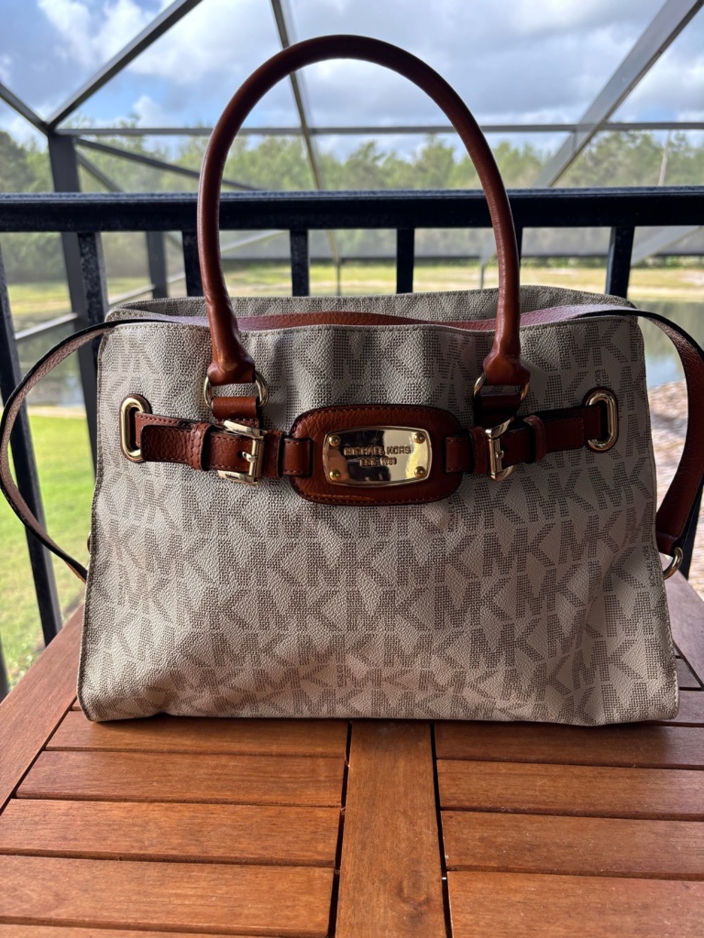 Michael Kors Beige Logo Tote with Brown Leather Handles - Picture 3 of 16